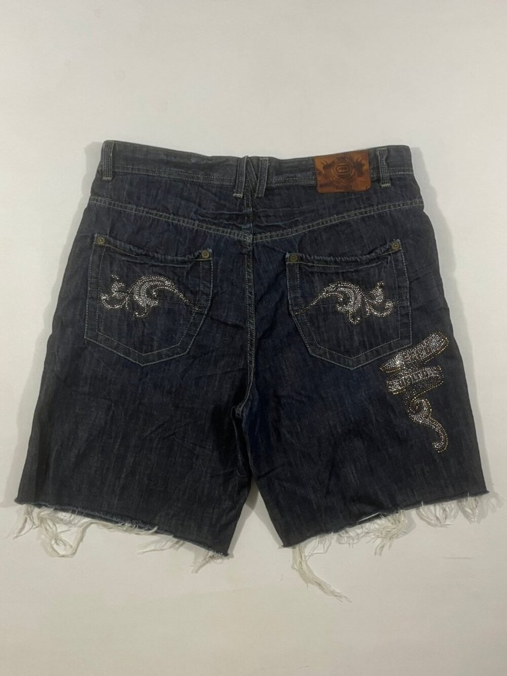 Ecko Unlimited Y2K Rhinestone Crown Dark Wash Cut-Off Jorts Denim Shorts 36